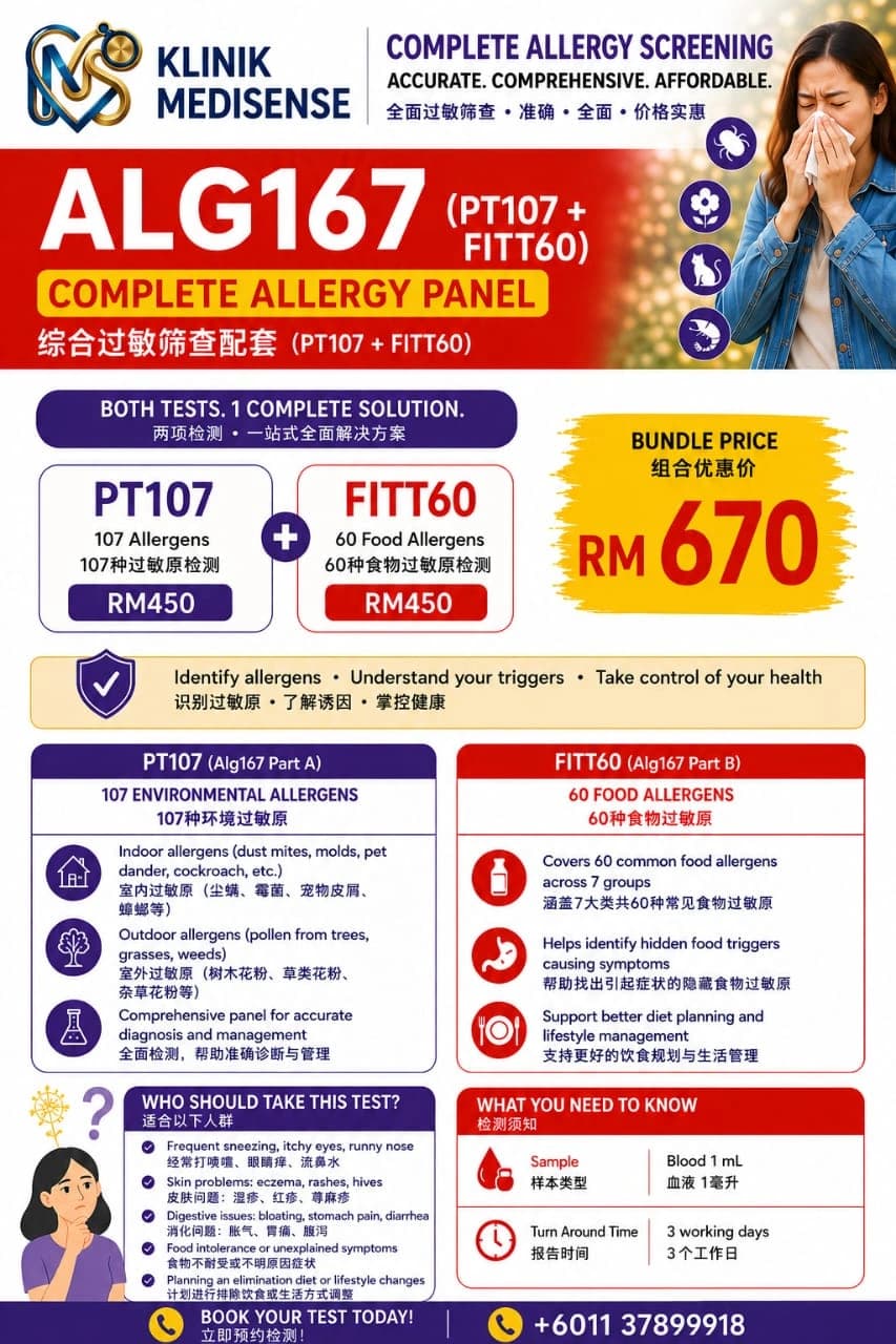 Klinik Medisense ALG167 allergy screening packages and prices