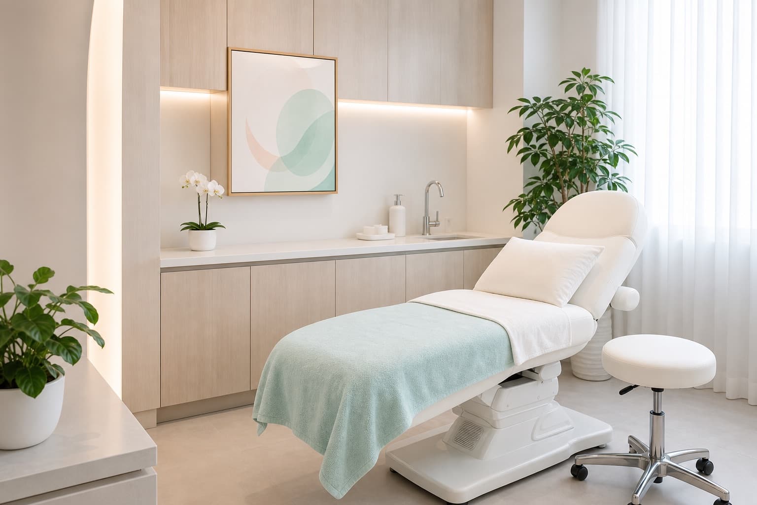 Clean aesthetic treatment room with a treatment bed