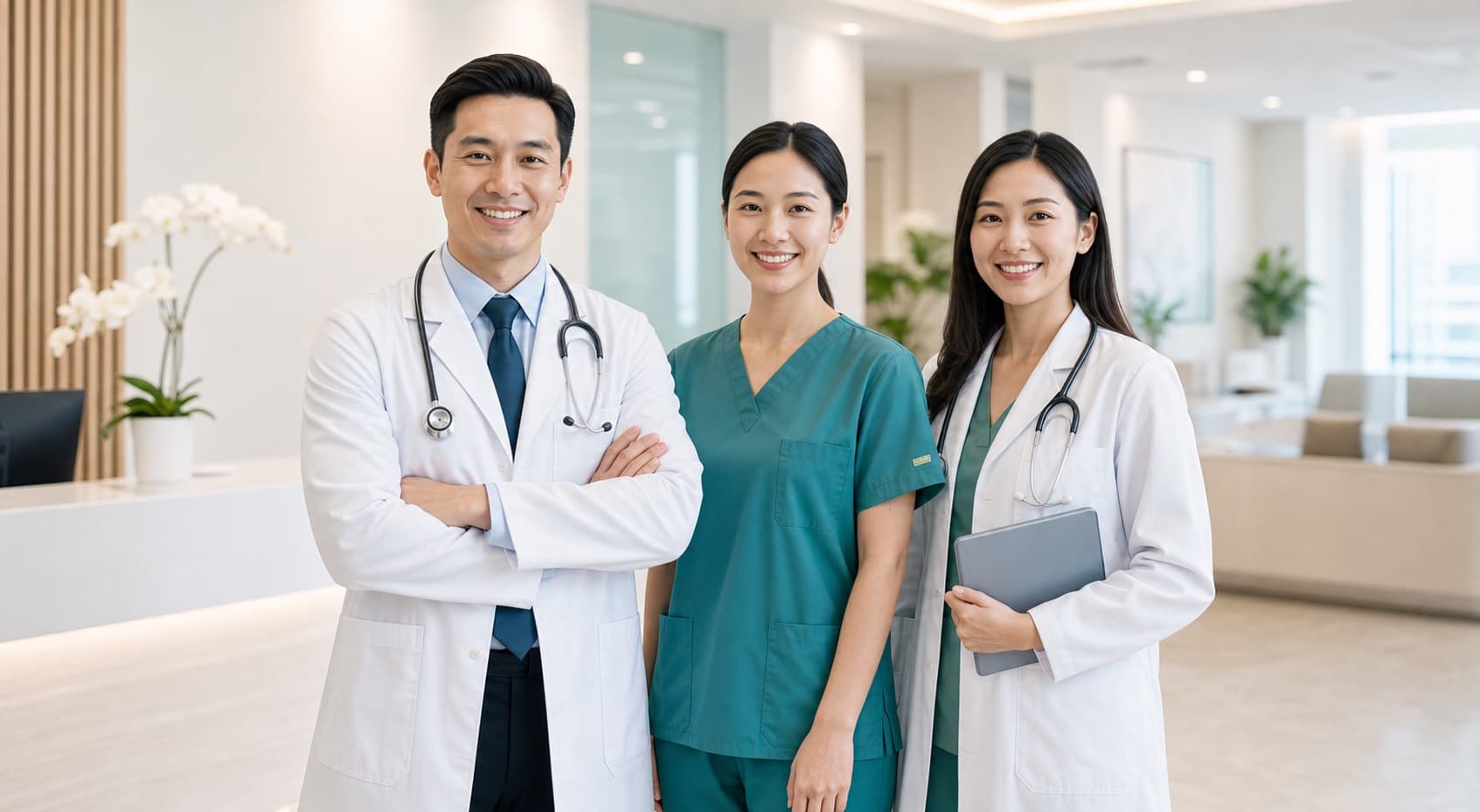 Clinic doctor and care team standing in a reception area