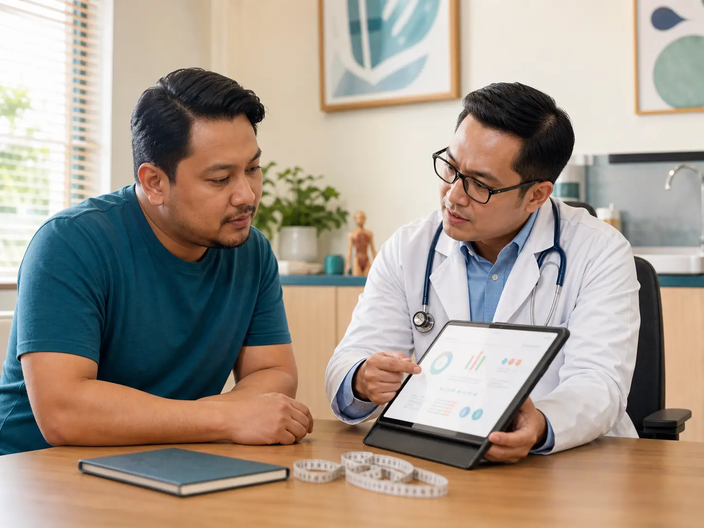 Doctor and patient reviewing a personalised weight-management plan in a Malaysian clinic