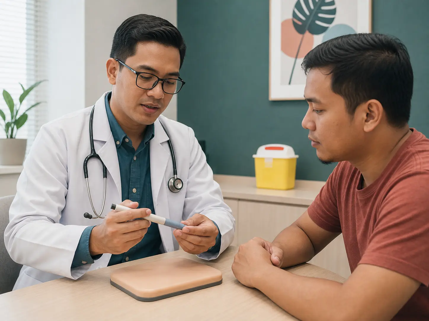 Doctor demonstrating safe use of an unbranded weekly injection pen on a training pad